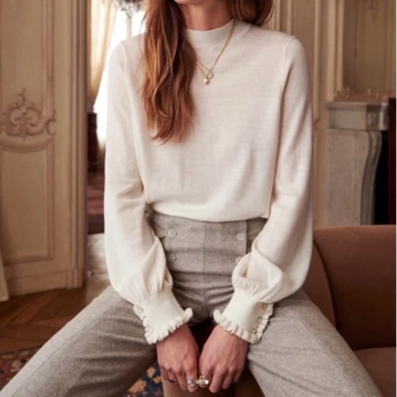 Sézane Francesca Trousers Chevron Ecru Taupe 8 (FR 40) - Picture 2 of 11